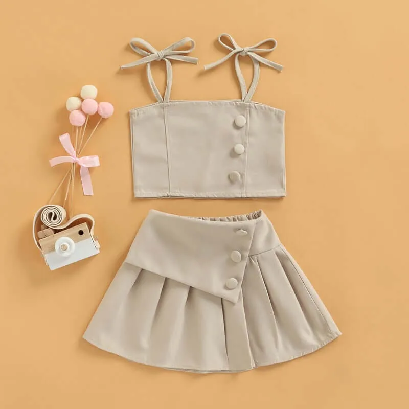 1-6Y Solid Strap Lace Up Vest Tops High Waist Pleated Skirts