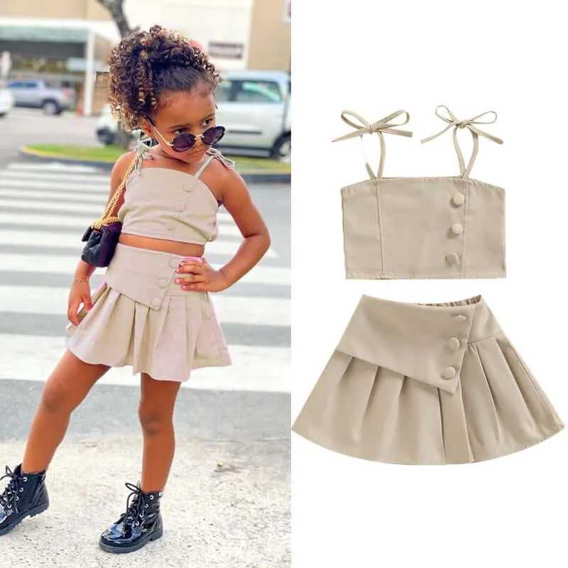 1-6Y Solid Strap Lace Up Vest Tops High Waist Pleated Skirts