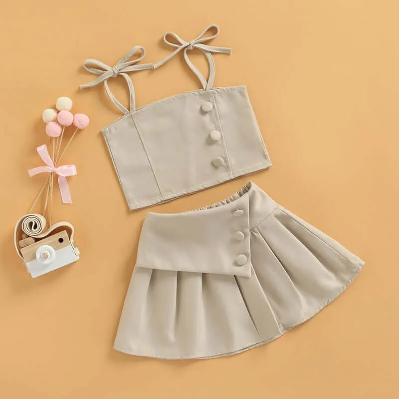 1-6Y Solid Strap Lace Up Vest Tops High Waist Pleated Skirts