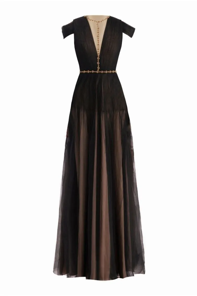 BLACK PLEATED PUFFY SLEEVED MESH MAXI DRESS