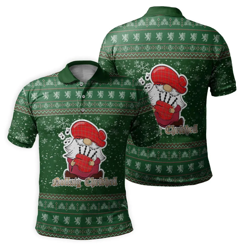 Burnett Modern Clan Christmas Family Polo Shirt with Funny Gnome Playing Bagpipes