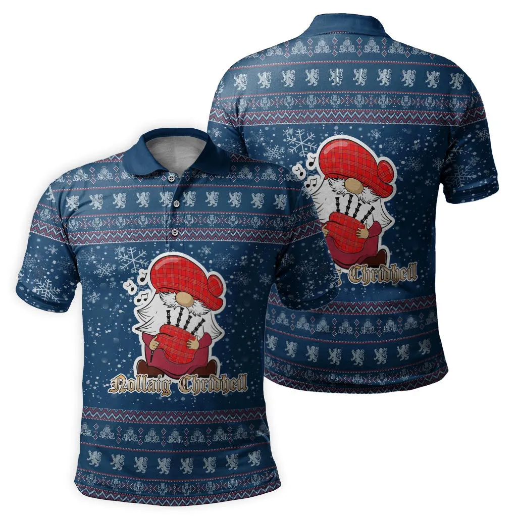 Burnett Modern Clan Christmas Family Polo Shirt with Funny Gnome Playing Bagpipes