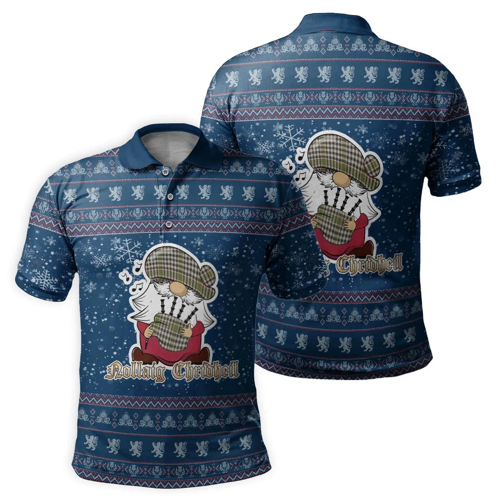 Burns Check Clan Christmas Family Polo Shirt with Funny Gnome Playing Bagpipes