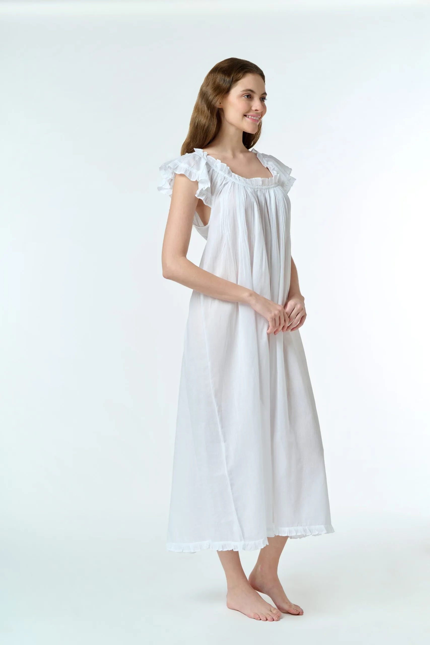 Capped Sleeve Luxury Cotton Voile Nightie White