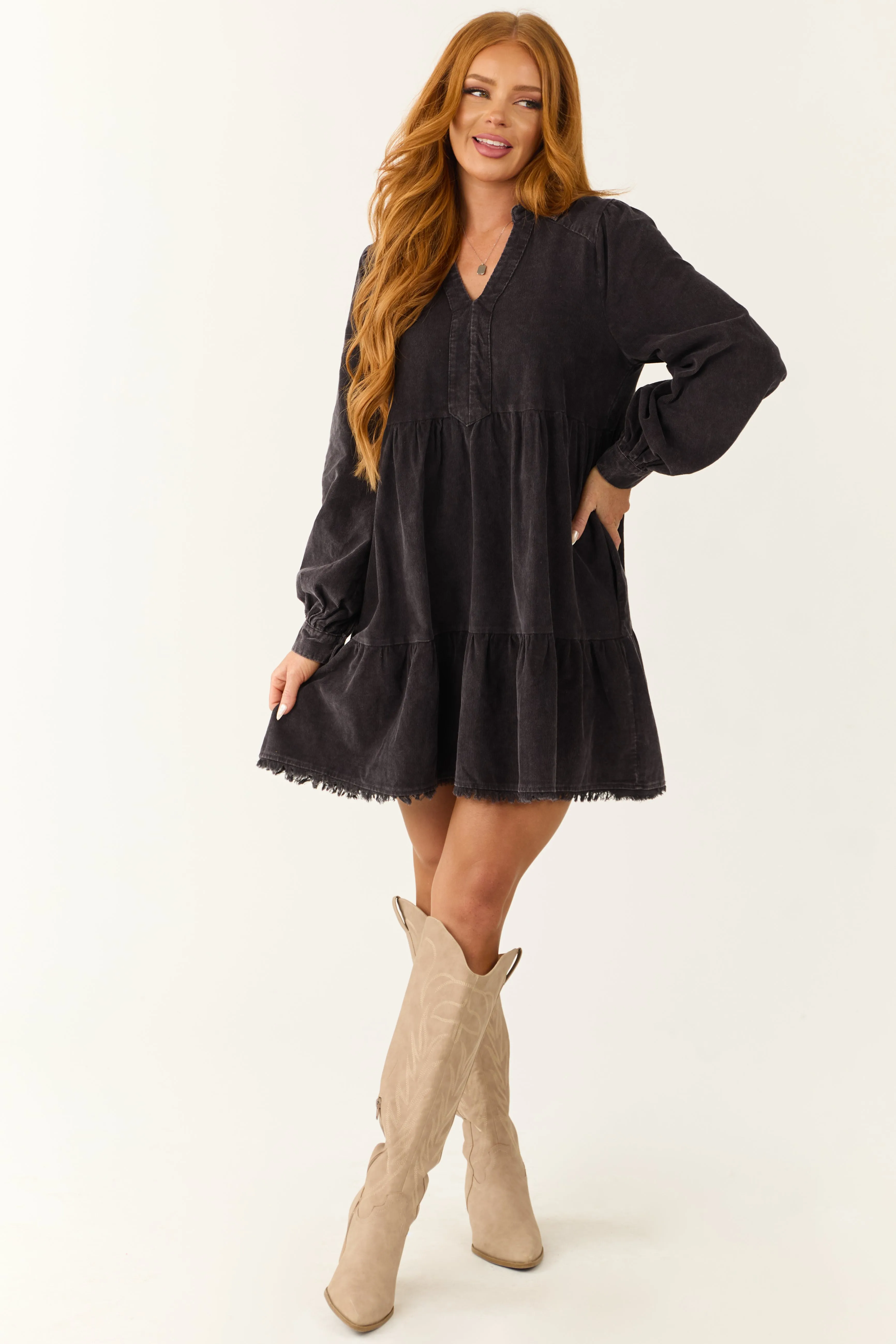 Charcoal Washed Corduroy Tiered Short Dress