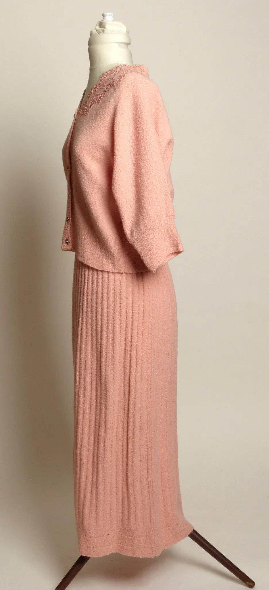 Circa 1950s Jernat Pale Pink Wool Sweater/Skirt Set - "Zip-off" Hem!!