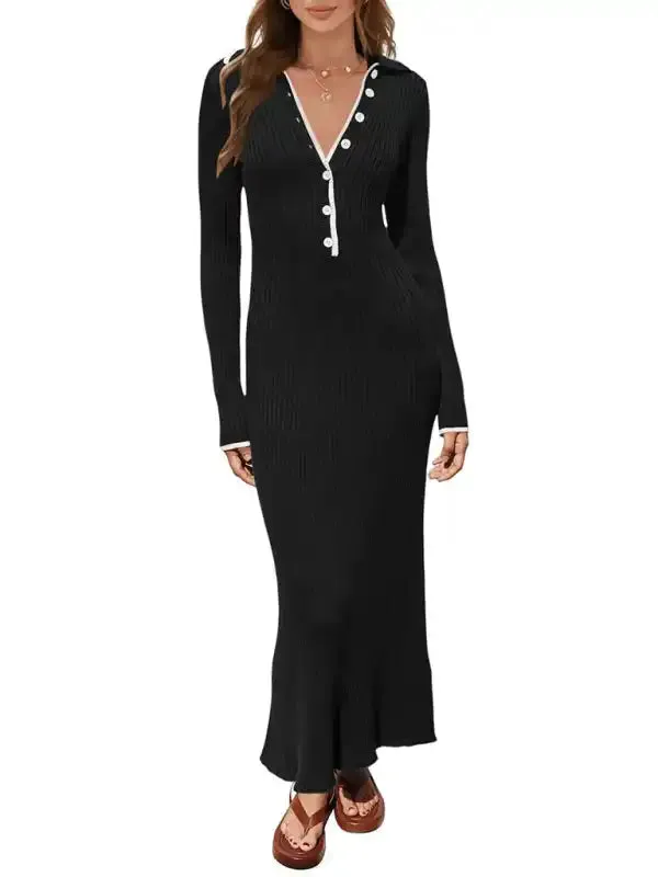 Fashionable lapel knitted slim fit hip-hugging long-sleeved dress