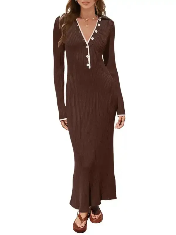 Fashionable lapel knitted slim fit hip-hugging long-sleeved dress