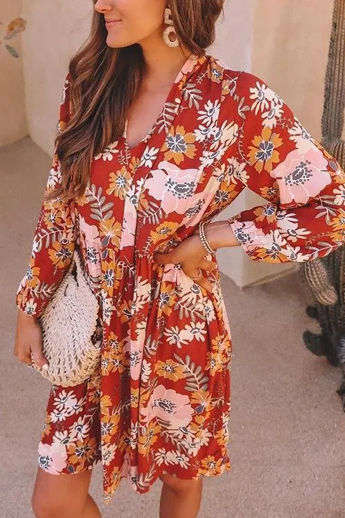 Floral Print Long Sleeve Mini Dress