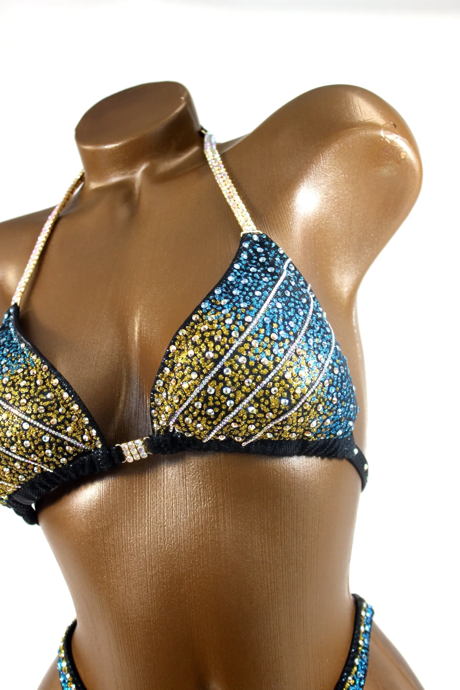 Gold Blue Sparkling Figure Competition Suit