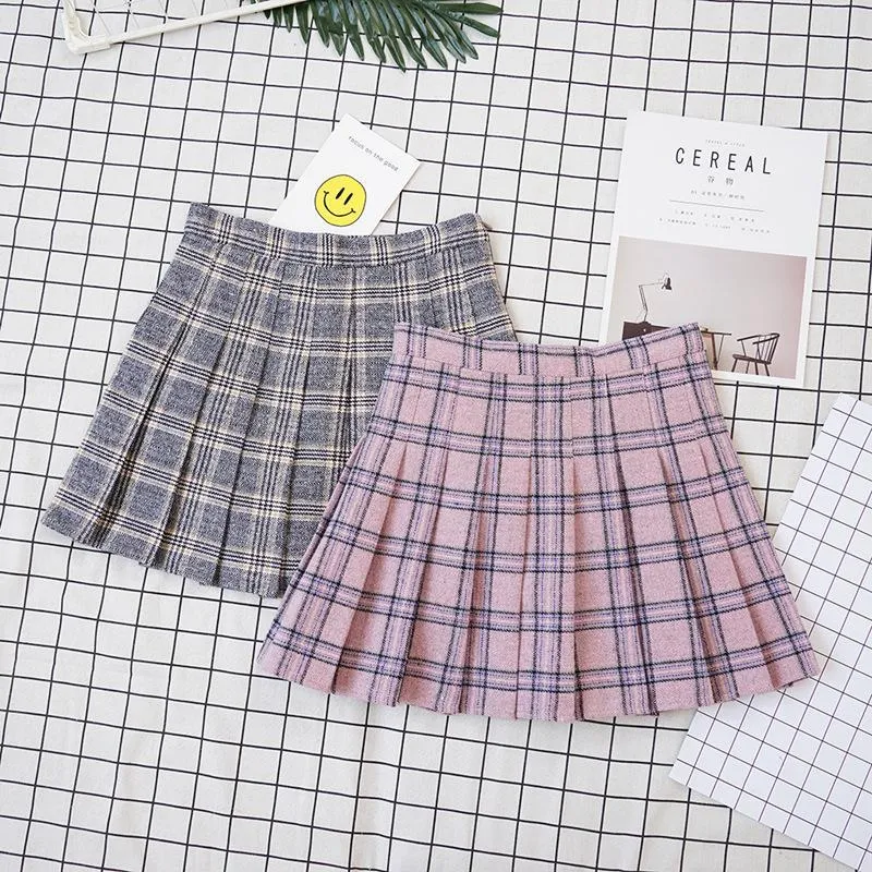 Gray Pink School Style Grand Plaid Pleated Aesthetic Skirts