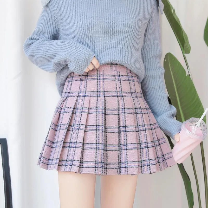 Gray Pink School Style Grand Plaid Pleated Aesthetic Skirts