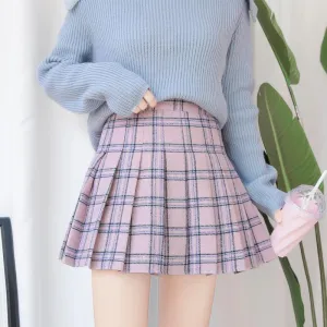 Gray Pink School Style Grand Plaid Pleated Aesthetic Skirts