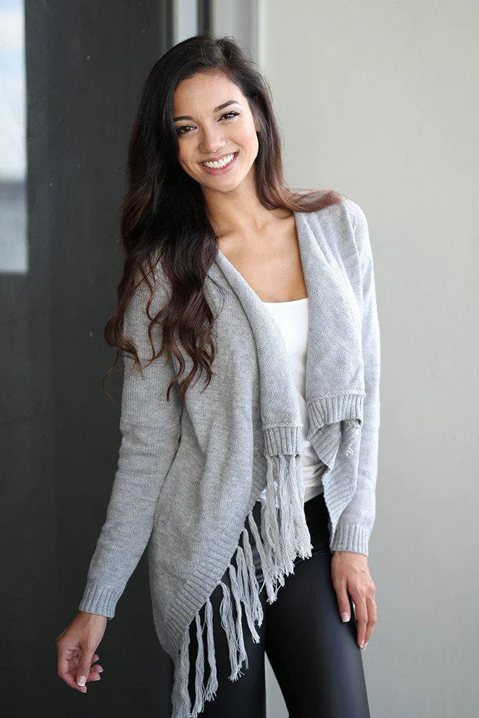 Gray Wrap Fringe Cardigan