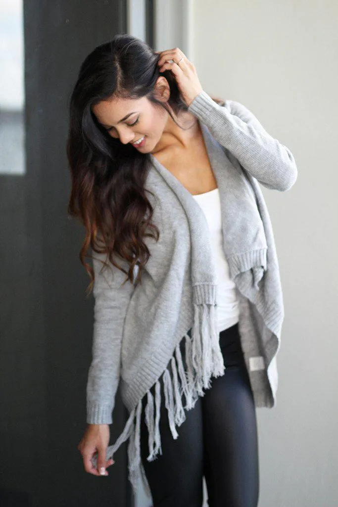 Gray Wrap Fringe Cardigan