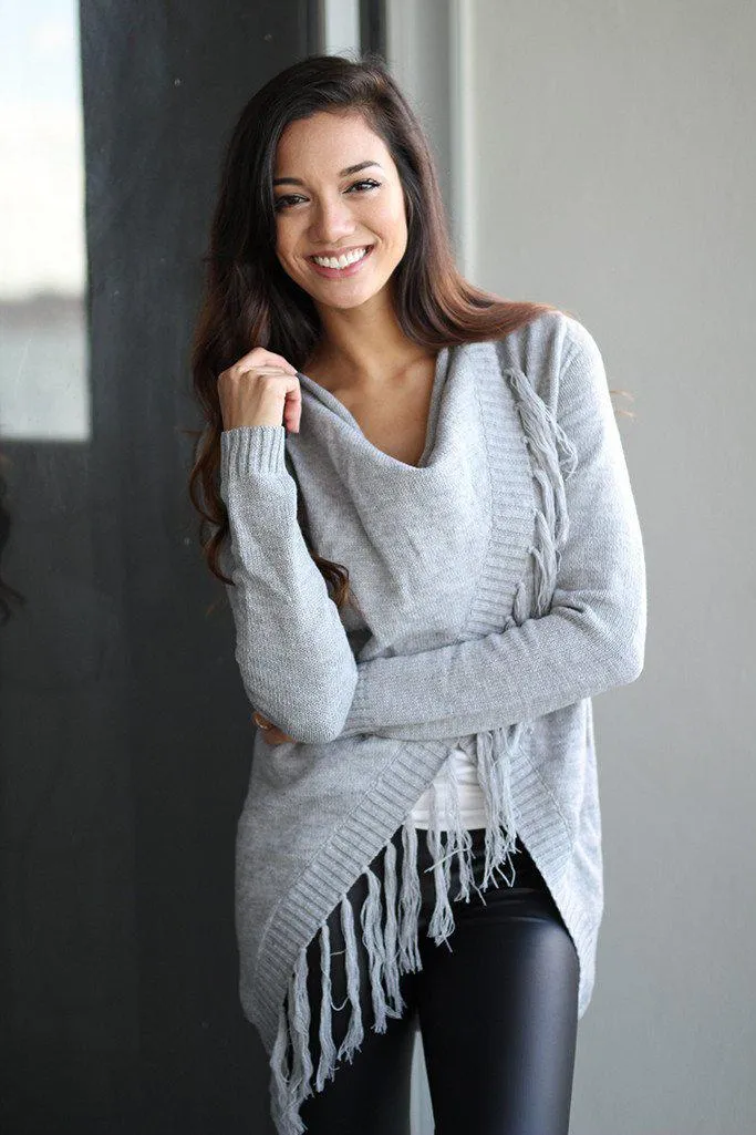 Gray Wrap Fringe Cardigan