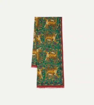 Green Jumbo Tiger Print Wool-Silk Scarf