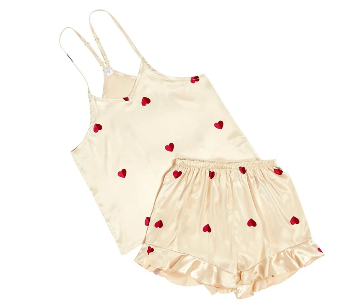 Hearts Cami   Ruffled Shorts PJ Sets