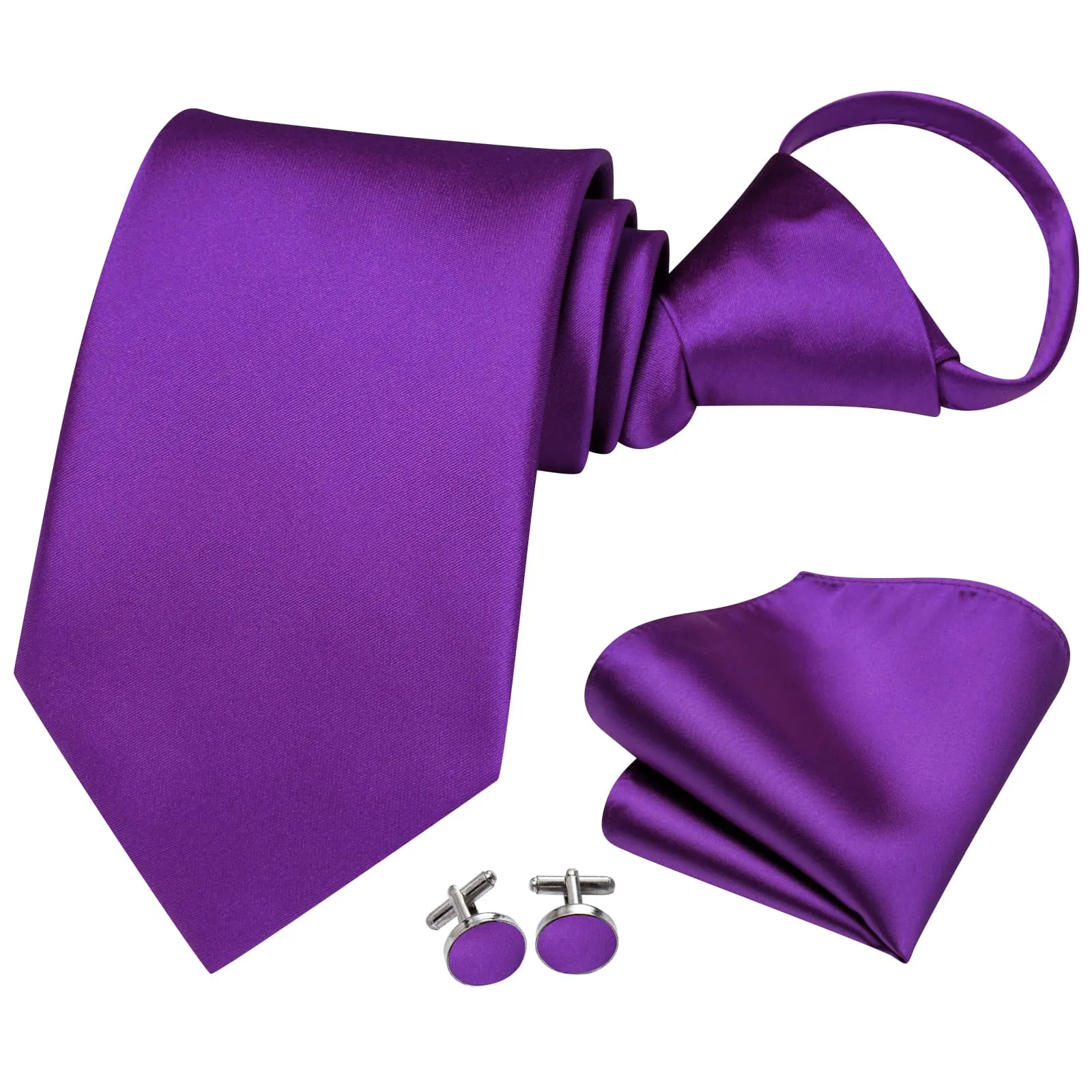 Hi-Tie Easy to Wear Necktie Men's Purple Solid Tie Hanky Cufflinks Set