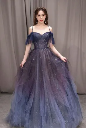 kamahe A-line Dark Purple Ombre Tulle Evening Party Dresses Long Prom Dresses