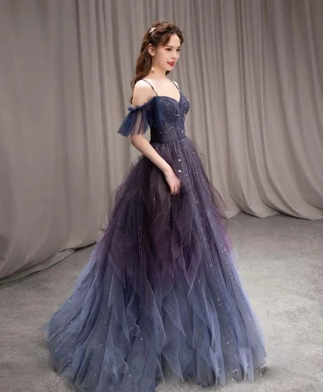 kamahe A-line Dark Purple Ombre Tulle Evening Party Dresses Long Prom Dresses