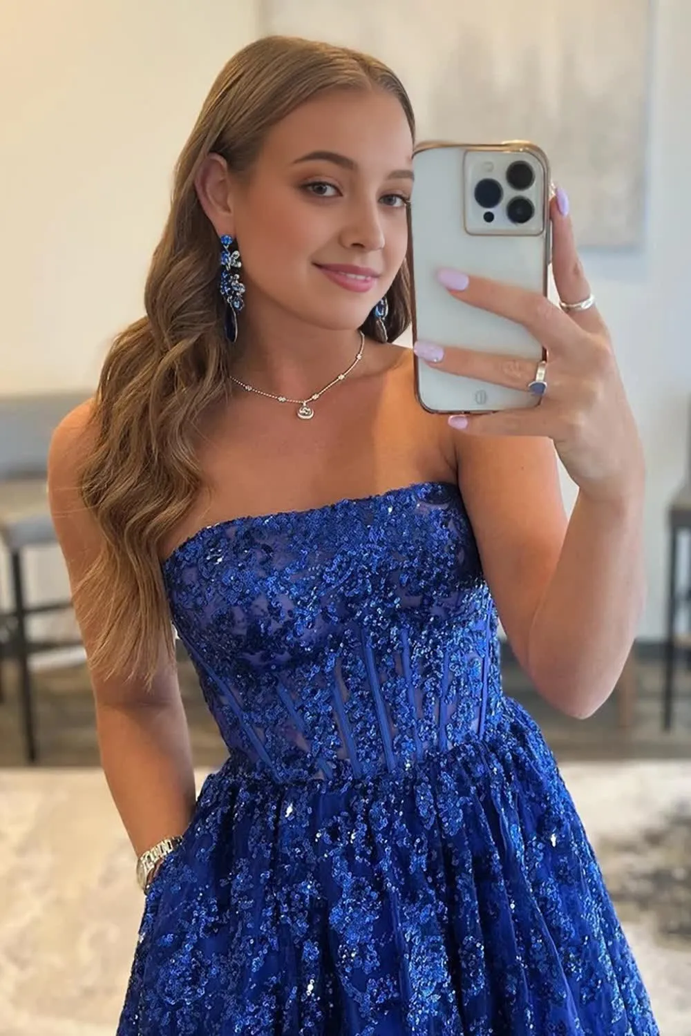 kamahe Sparkly Royal Blue Long Prom Dress with Pockets Party Dresses Gowns