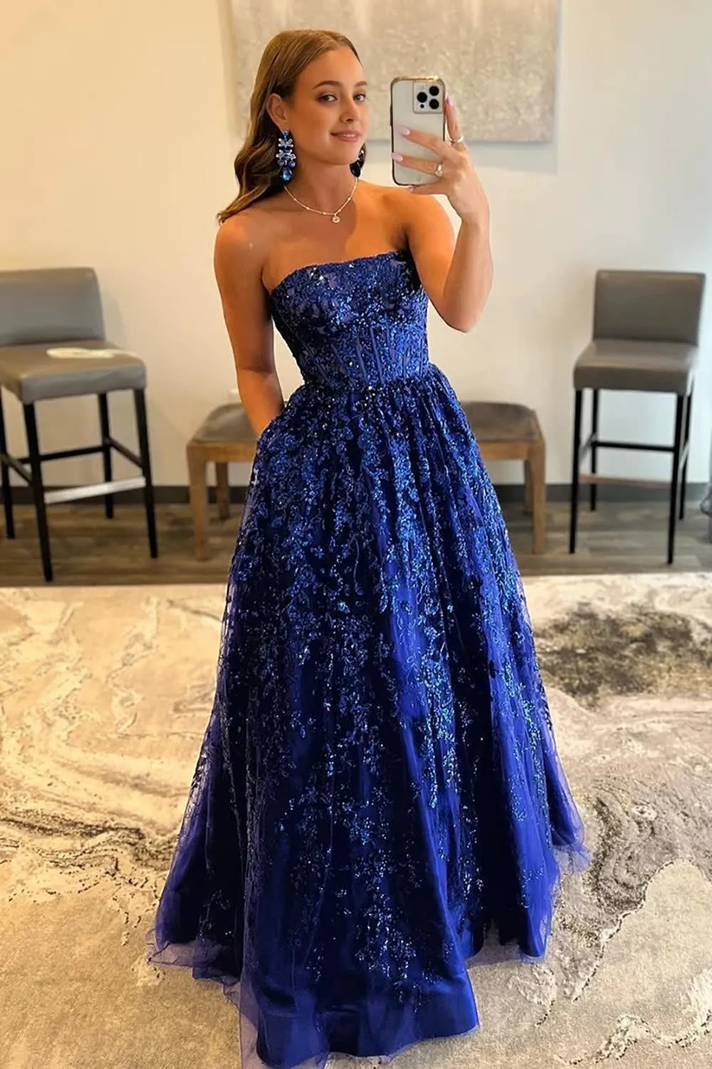 kamahe Sparkly Royal Blue Long Prom Dress with Pockets Party Dresses Gowns