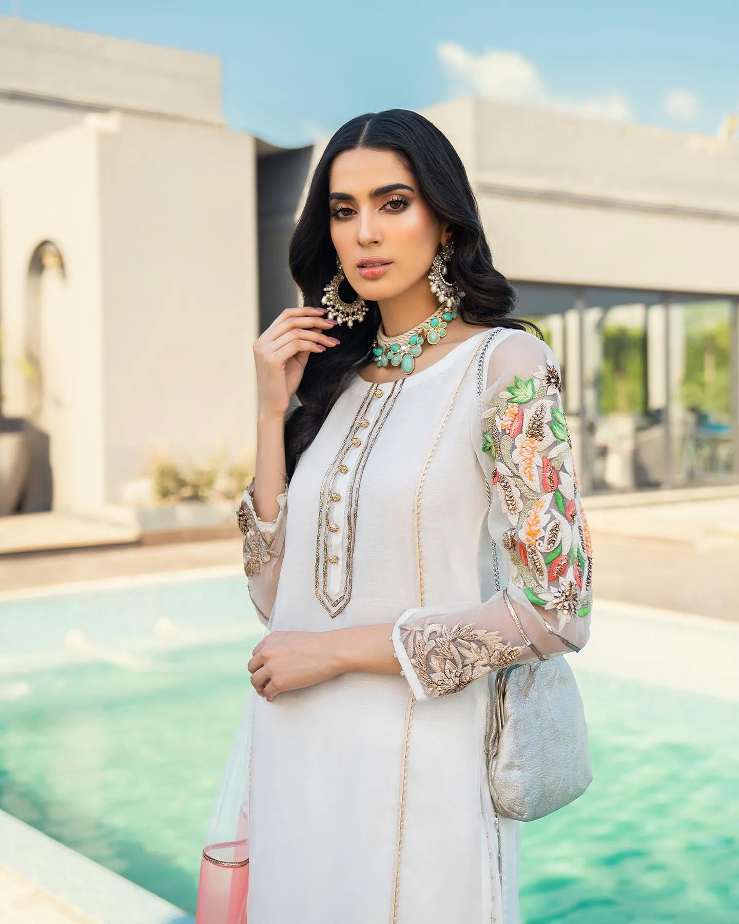 Khuda Baksh White Embroidered Organza 3-Piece Suit