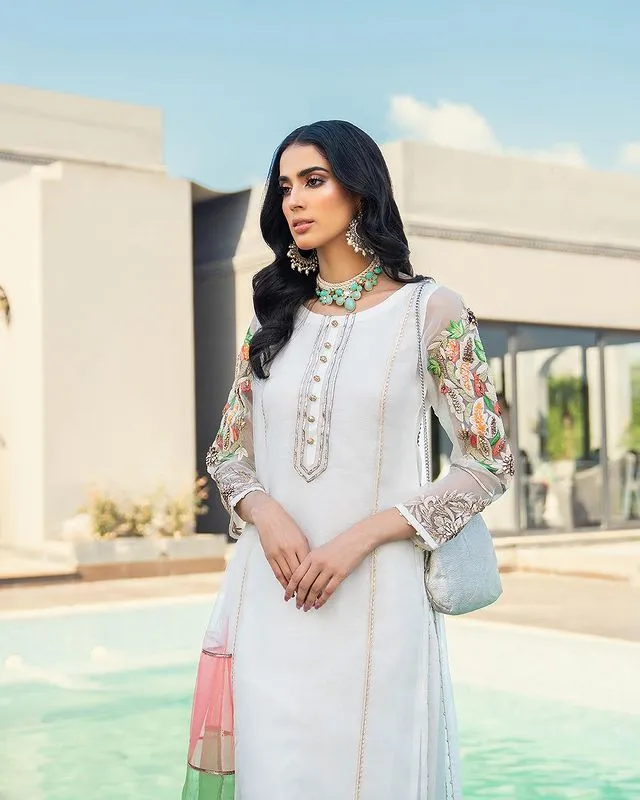 Khuda Baksh White Embroidered Organza 3-Piece Suit