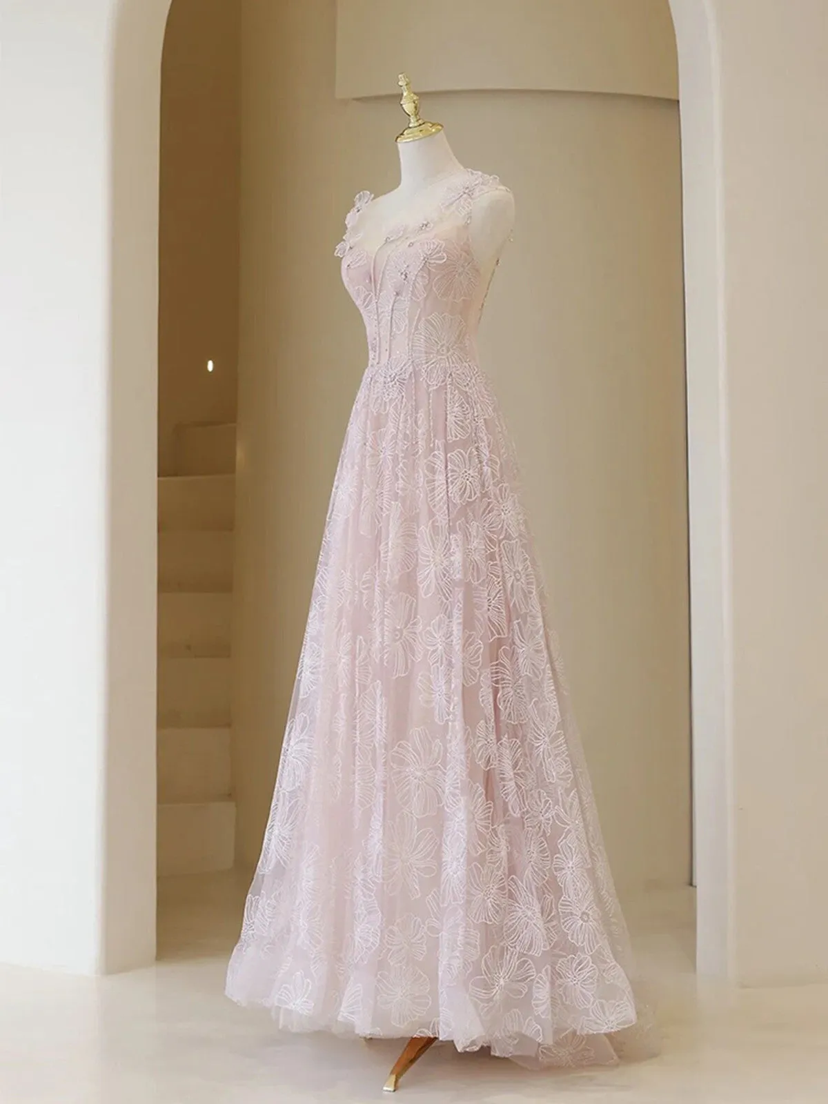 Light Pink Round Neckline Lace Long Prom Dress, A-line Pink Floor Length Party Dress