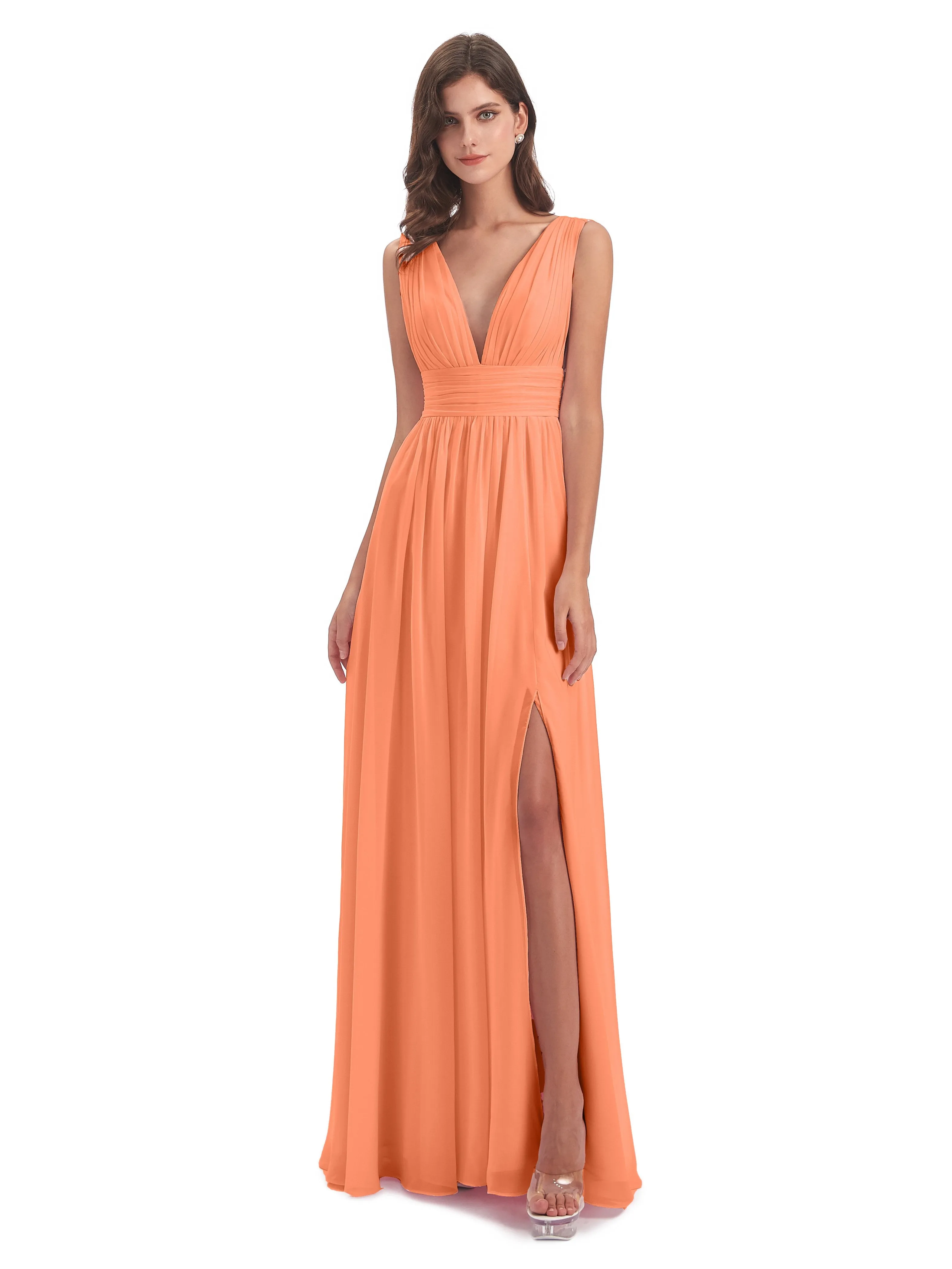 Luna Charming Chiffon V Neck Split Long Bridesmaid Dresses