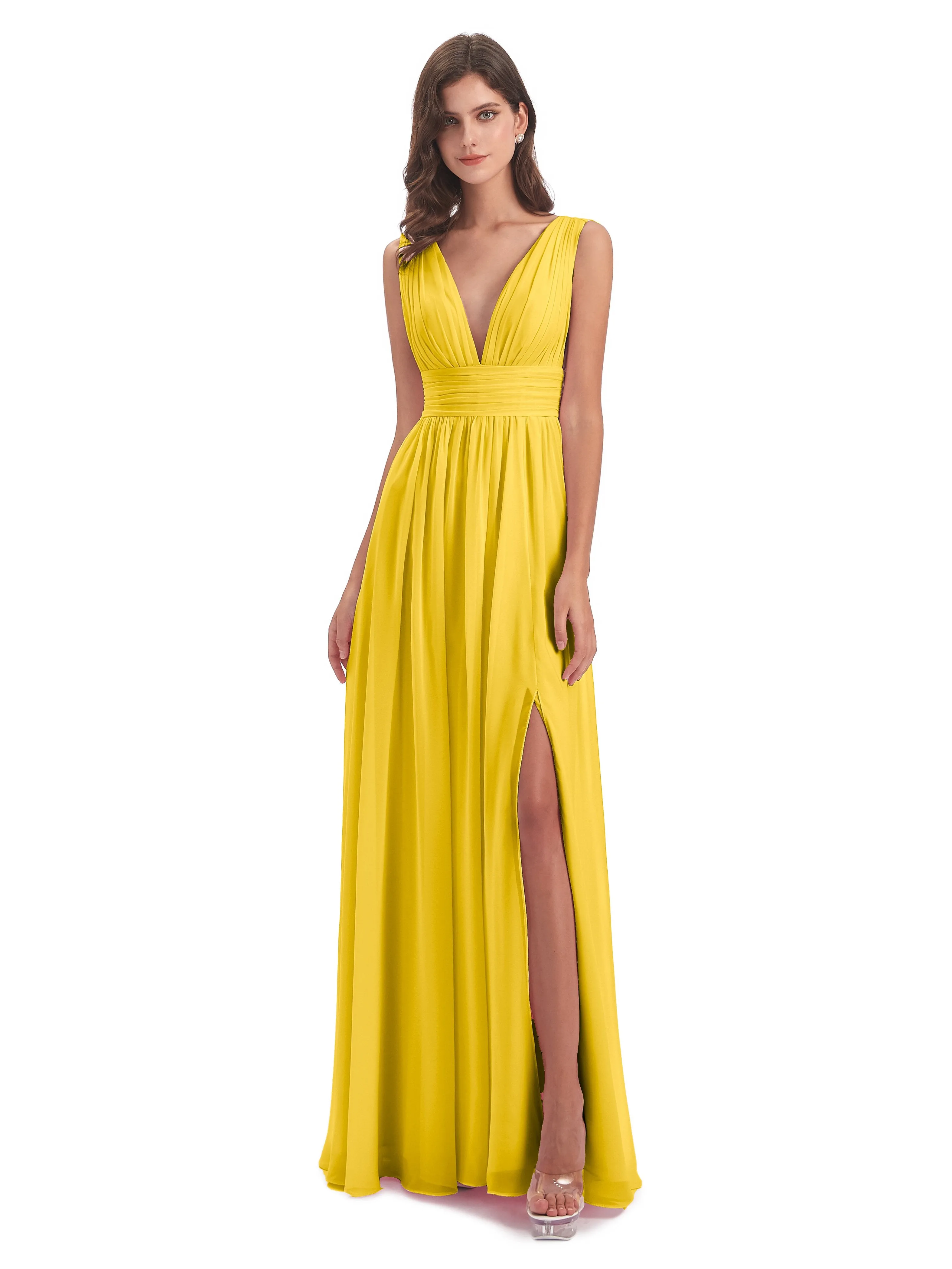 Luna Charming Chiffon V Neck Split Long Bridesmaid Dresses