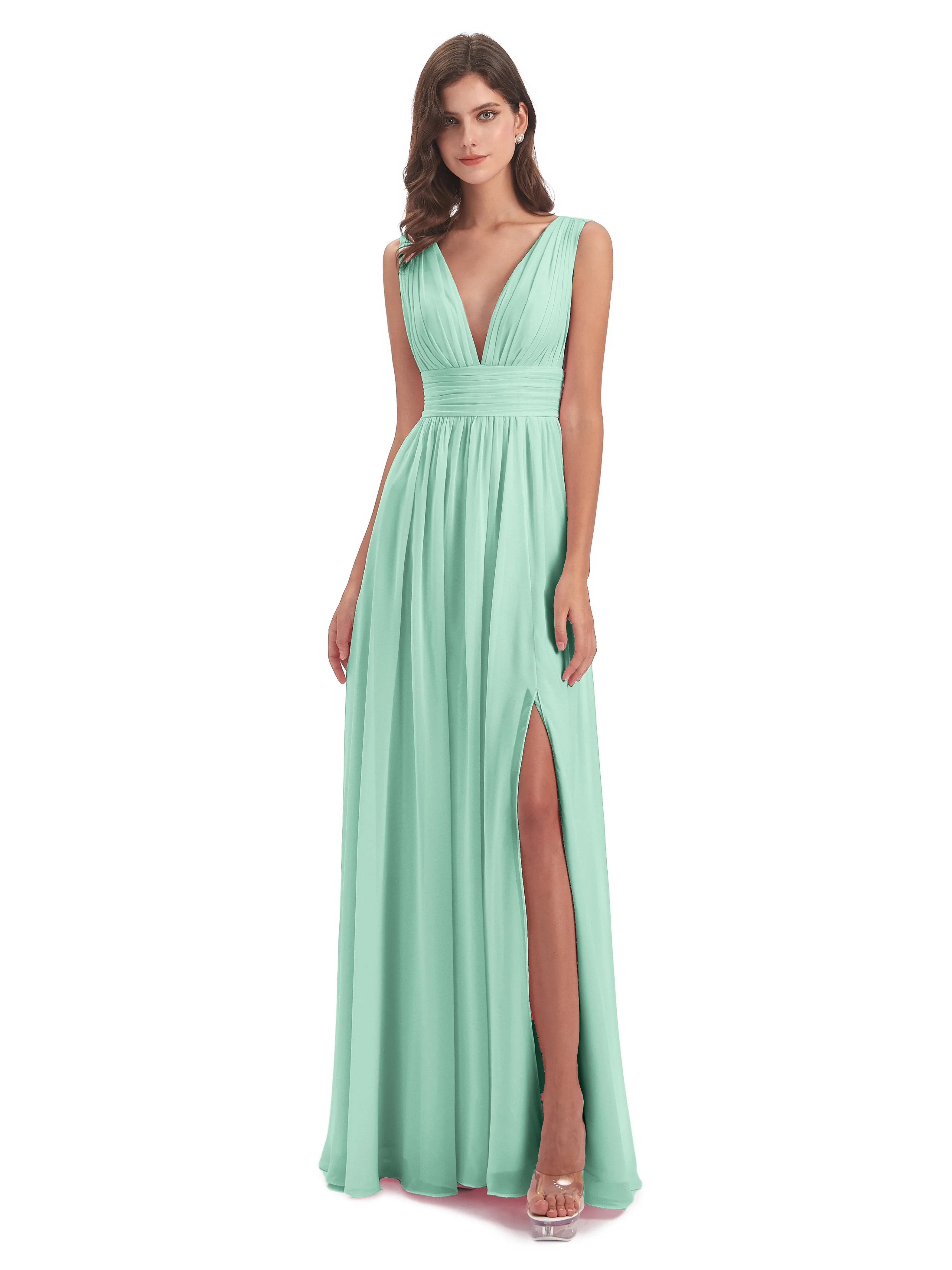 Luna Charming Chiffon V Neck Split Long Bridesmaid Dresses