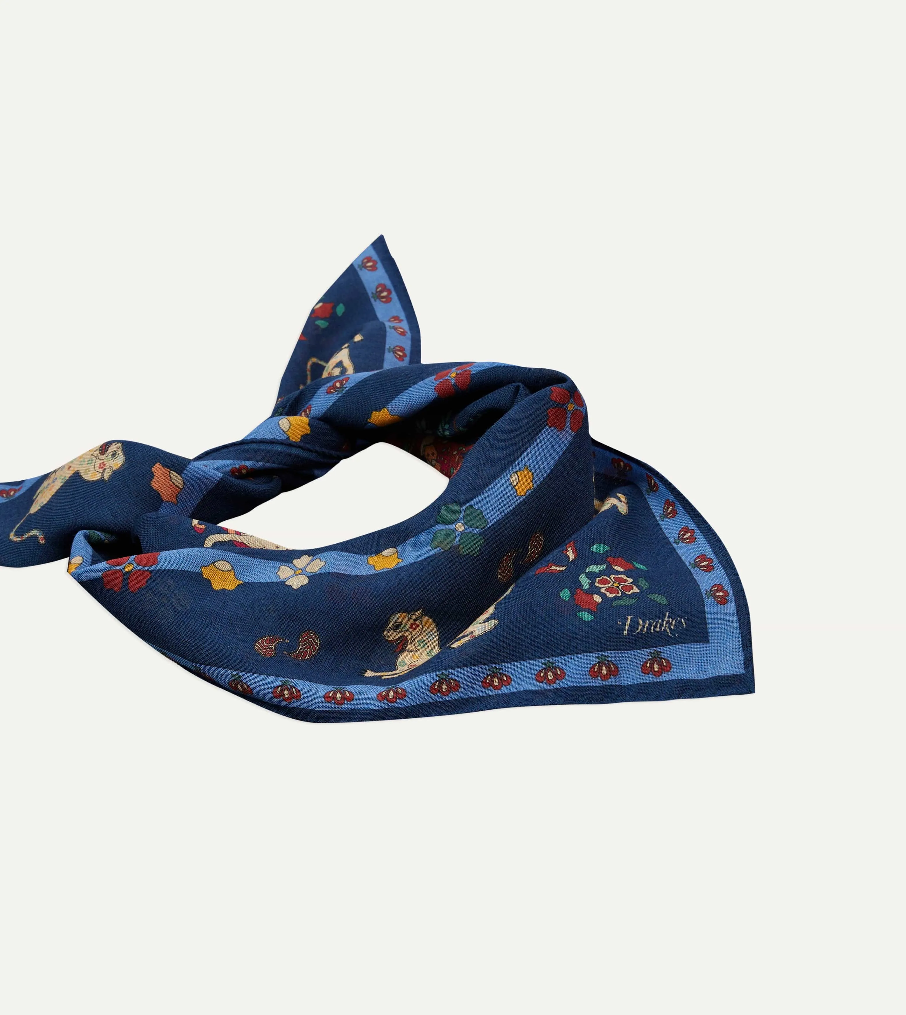 Navy Mughal Leopards Print Wool-Silk Bandana