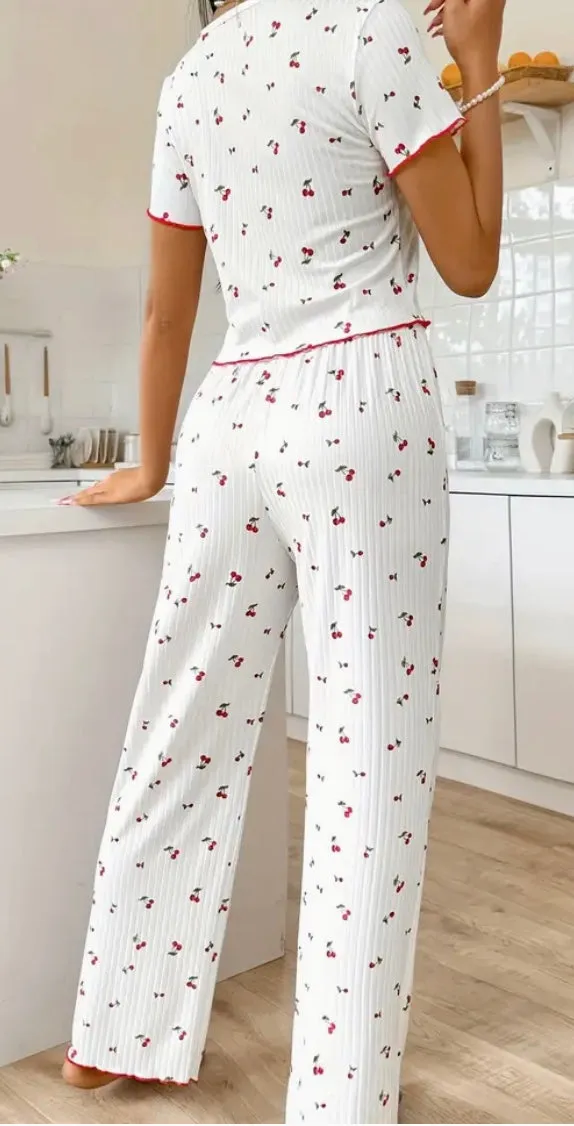 Pajama Short Sleeve, Floral Print, Long Pants, Color White