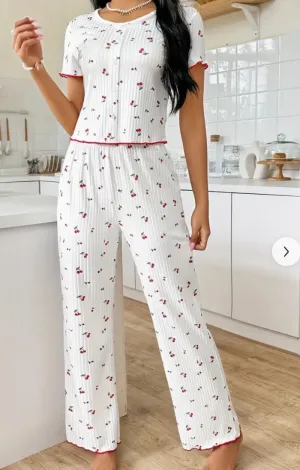 Pajama Short Sleeve, Floral Print, Long Pants, Color White