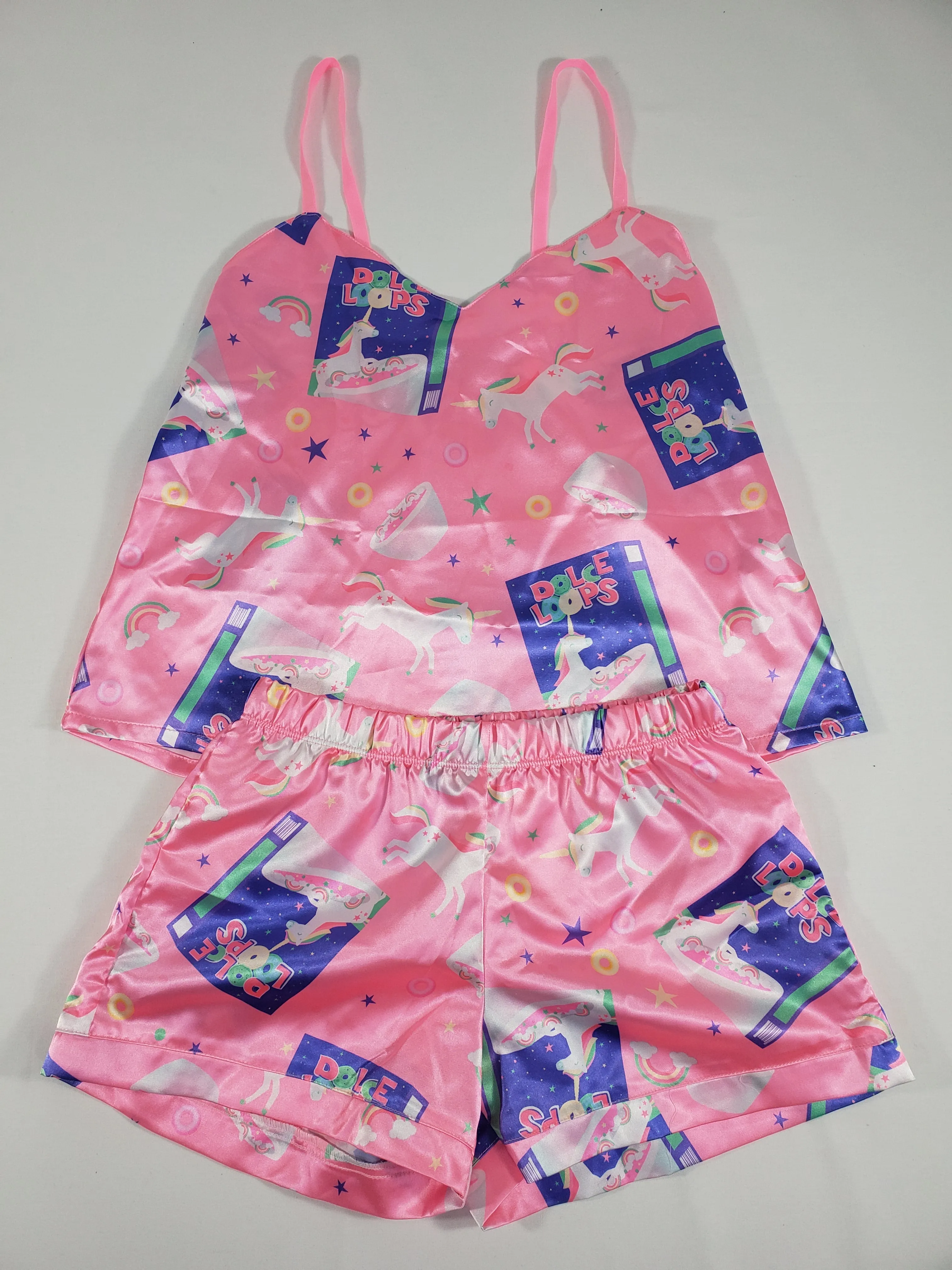 Pink satin Women's pajamas blouse and shorts unicorn and breakfast cereals theme