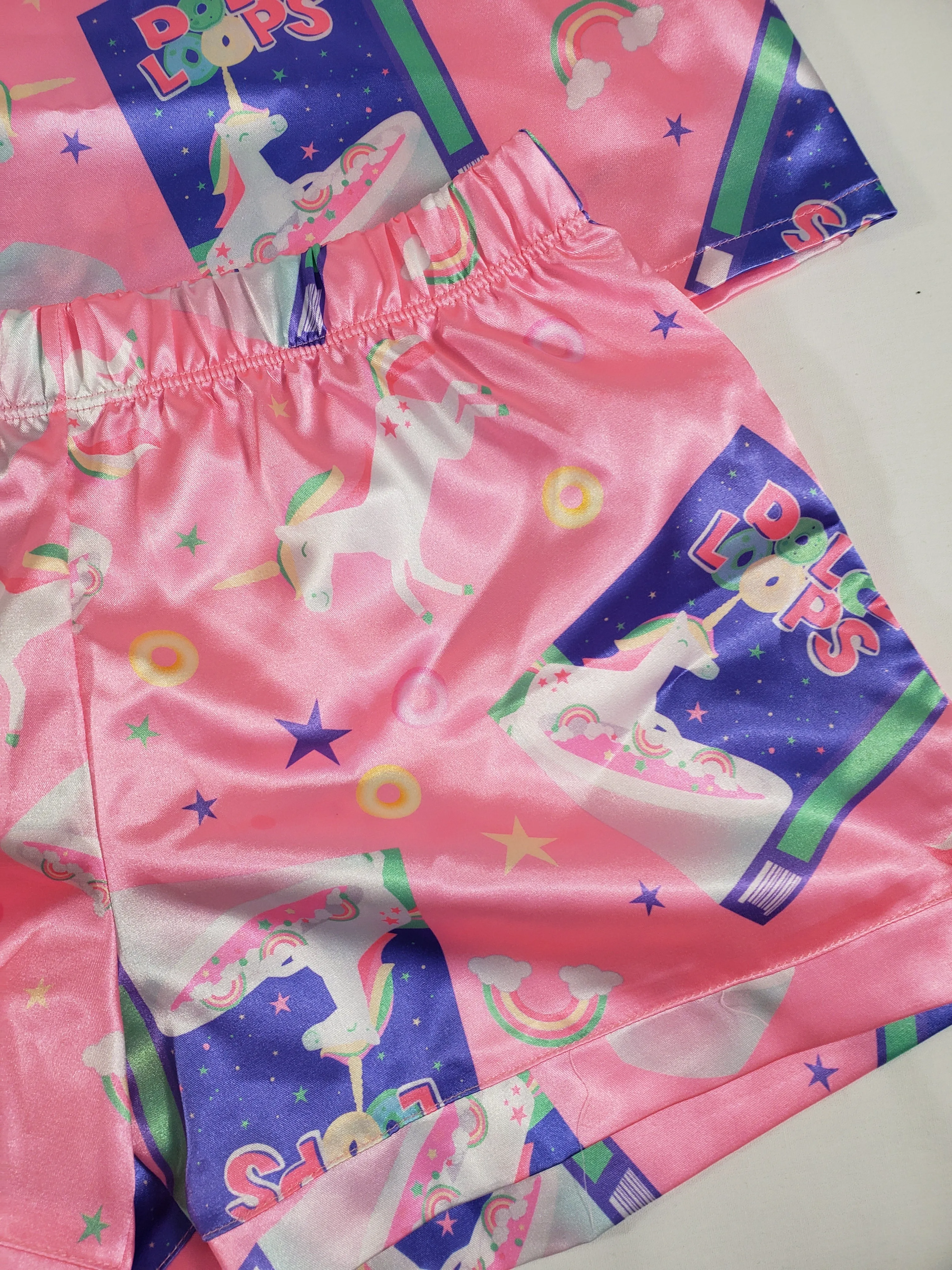 Pink satin Women's pajamas blouse and shorts unicorn and breakfast cereals theme