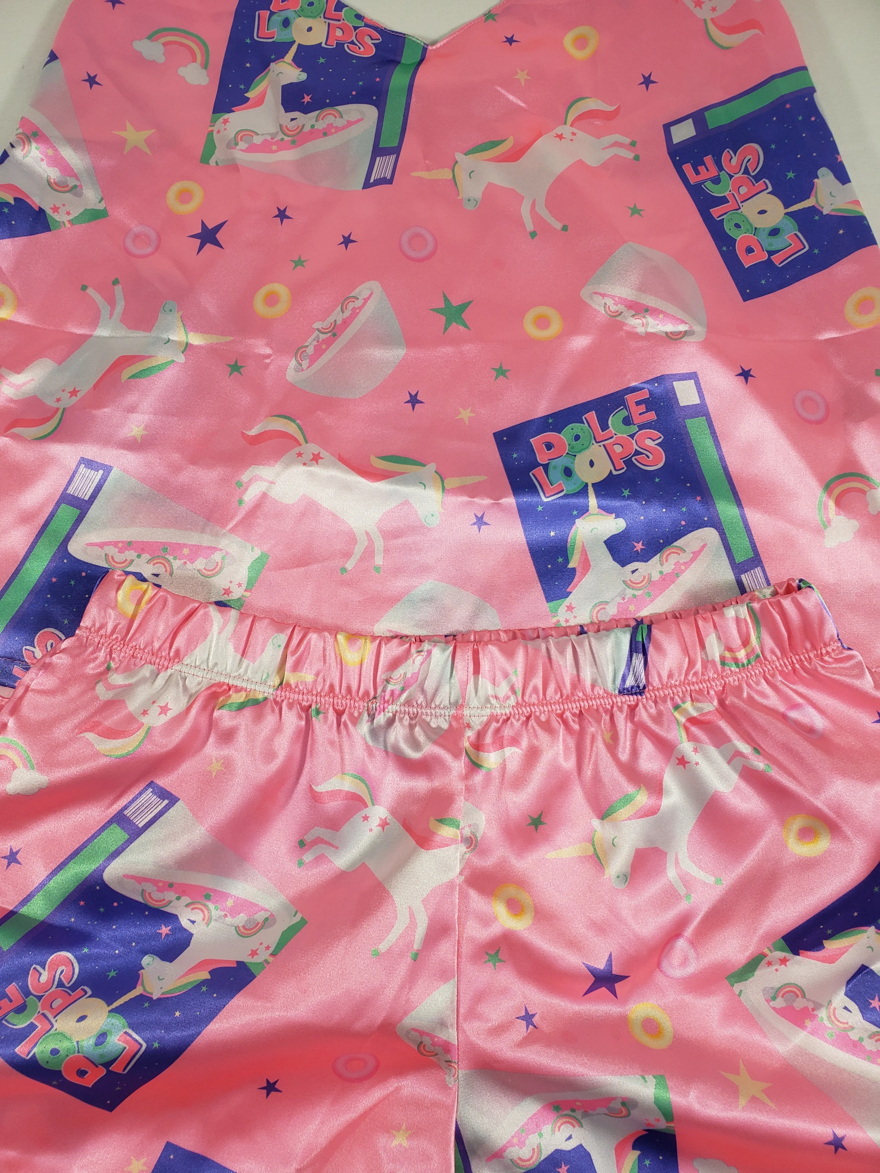 Pink satin Women's pajamas blouse and shorts unicorn and breakfast cereals theme