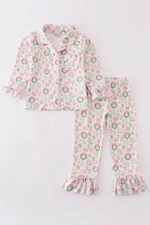 Pink watercolor christmas print girl pajamas set