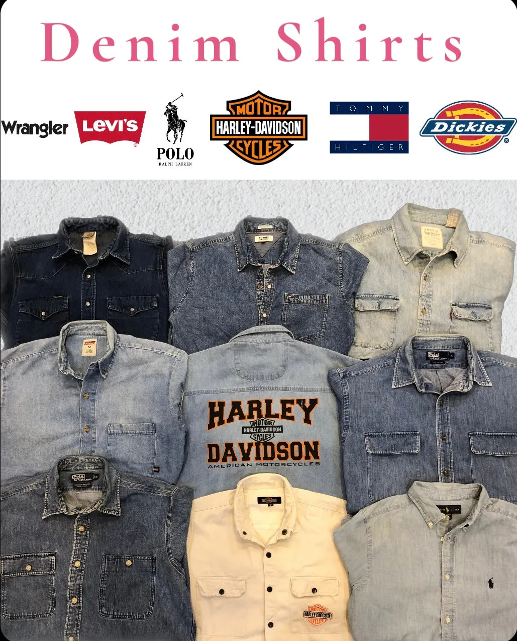 Premium Brands Denim Shirts 20 pcs including Harley davidson Polo Ralph Lauren Dickies Carhartt Tommy Hilfiger Levis etc