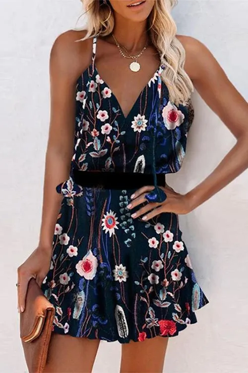 Print V Neck Slip Mini Dress