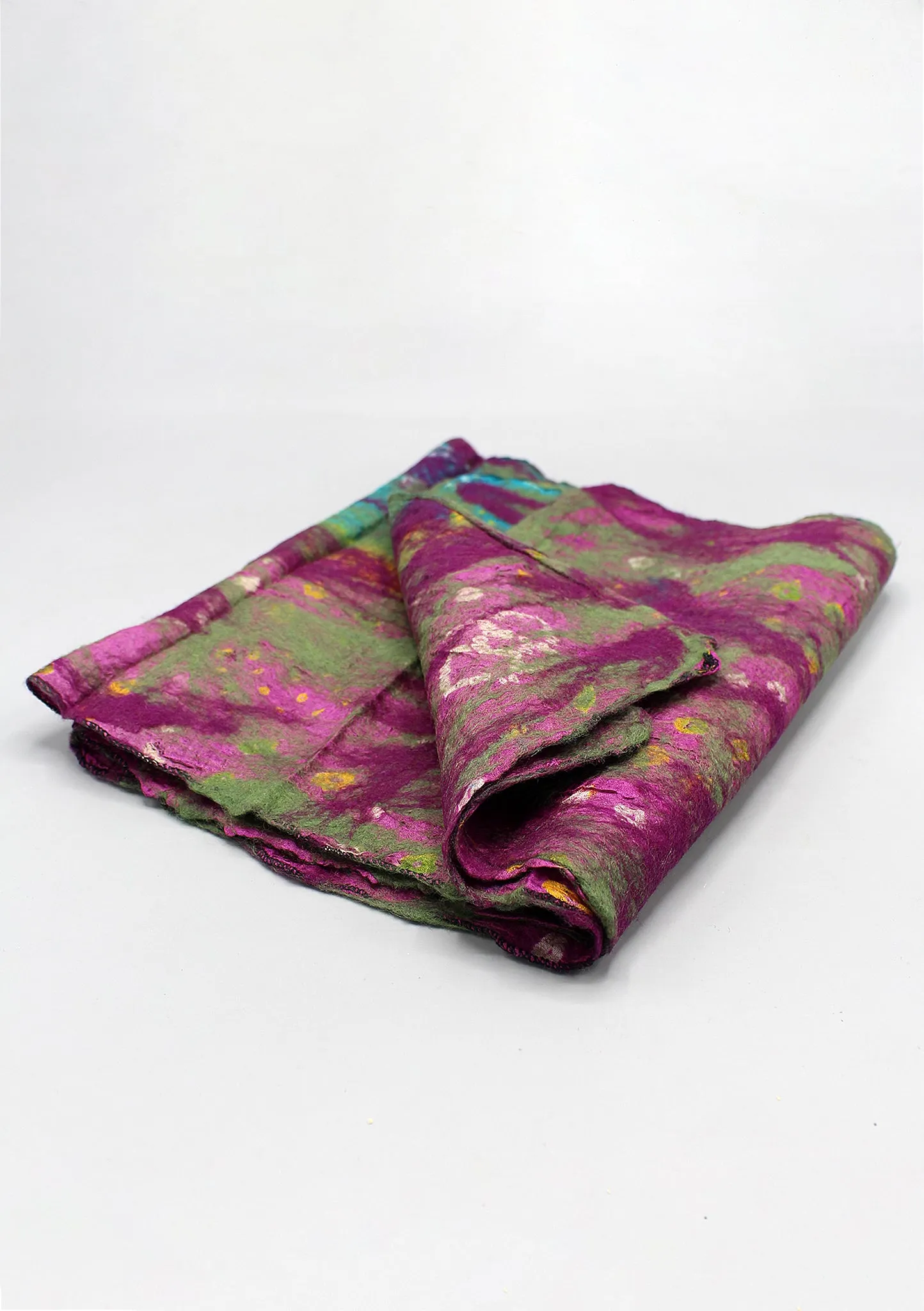 Purple Green Handmade Recycled Silk and Felt Women's Scarf