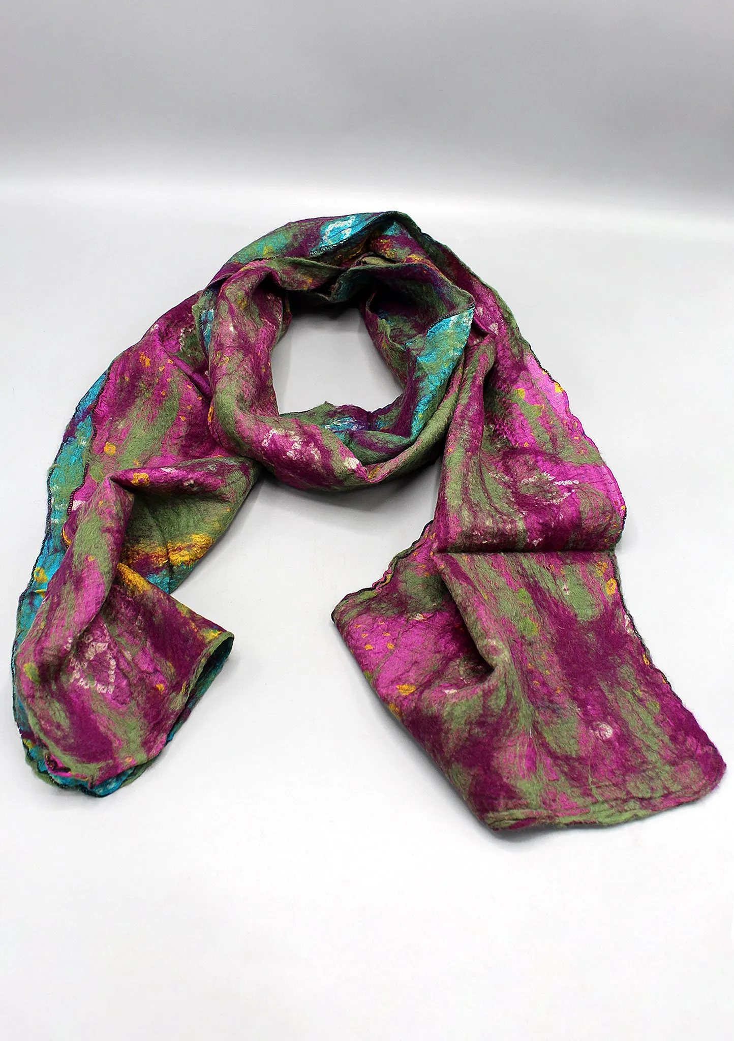 Purple Green Handmade Recycled Silk and Felt Women's Scarf