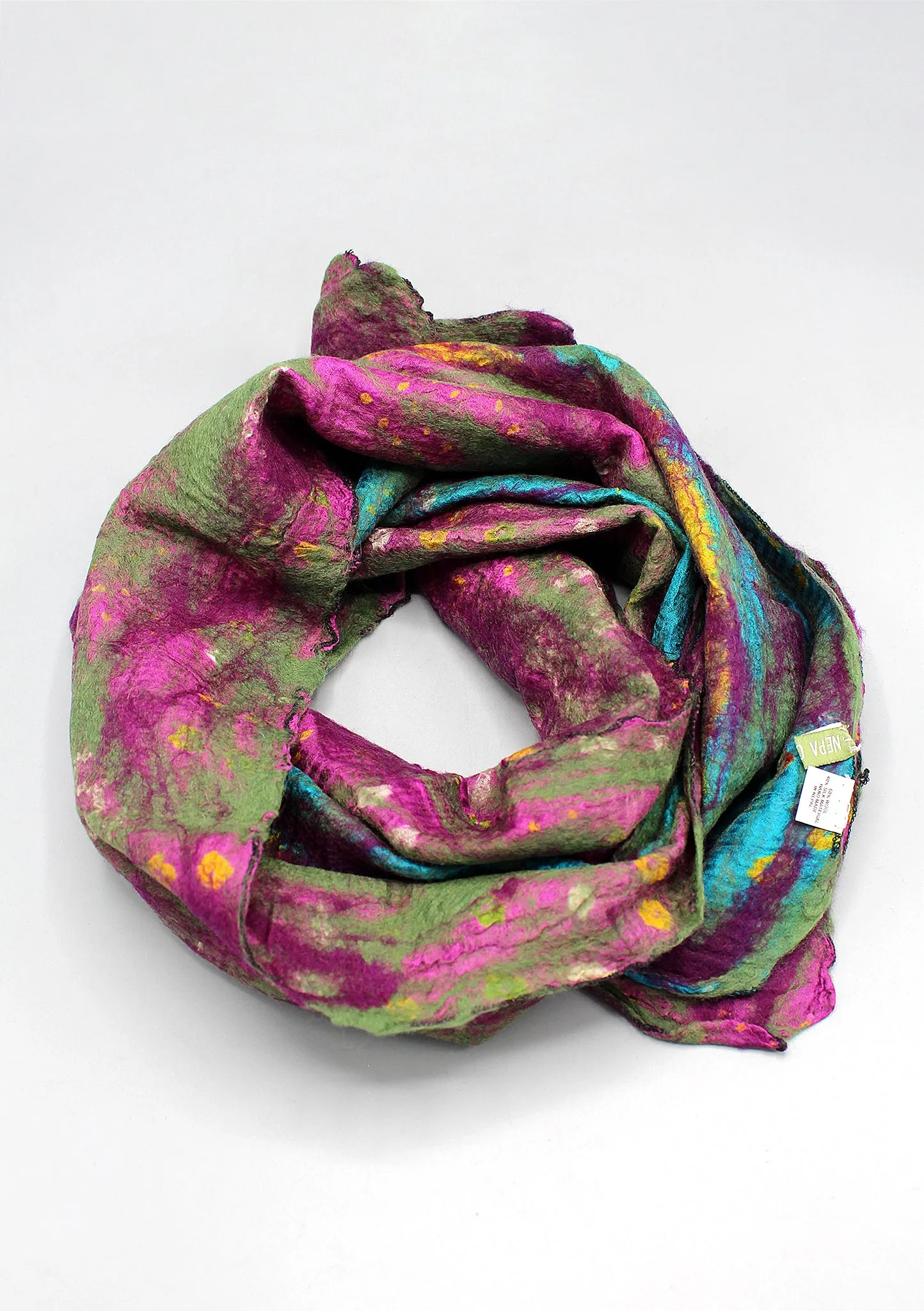 Purple Green Handmade Recycled Silk and Felt Women's Scarf