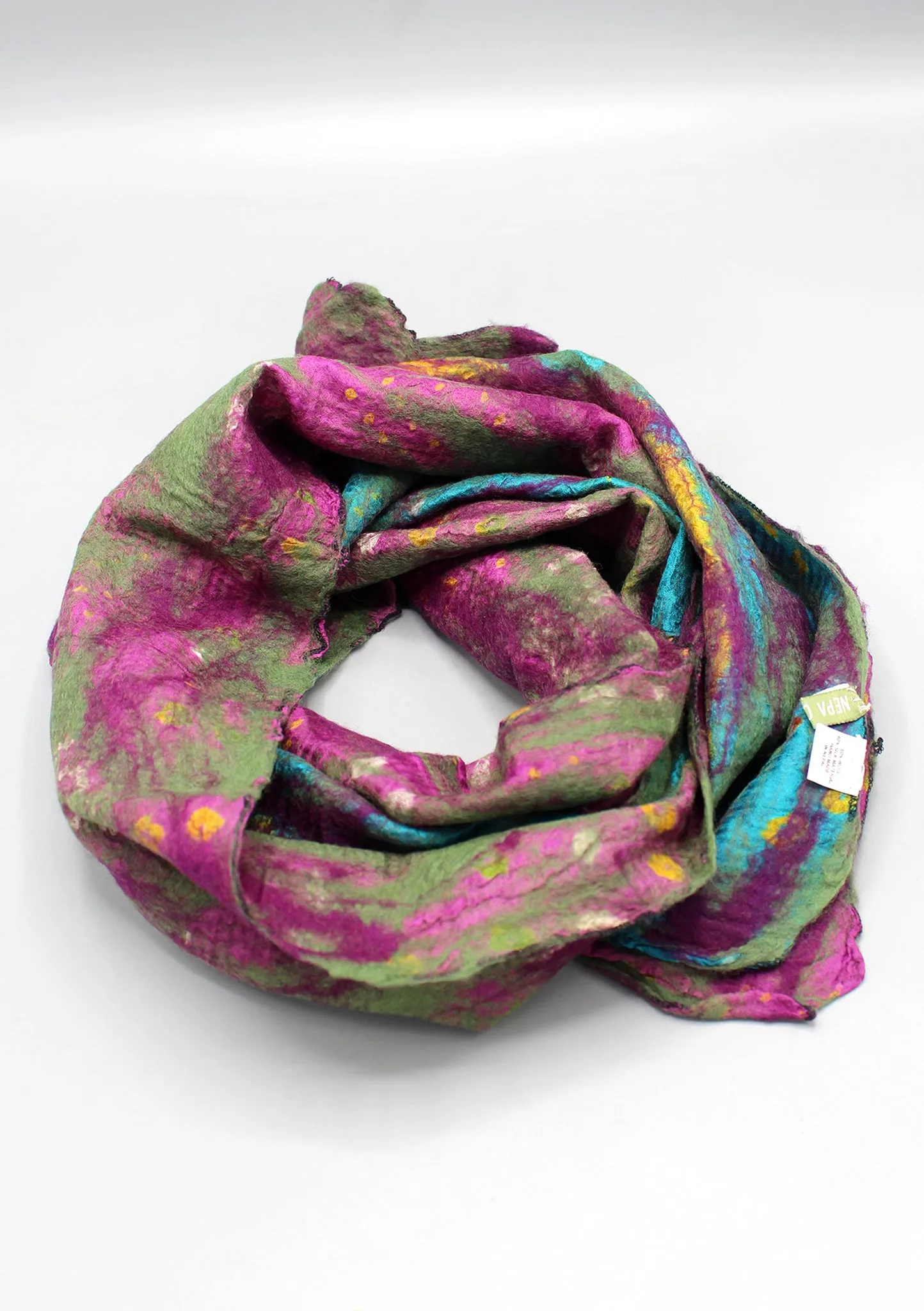 Purple Green Handmade Recycled Silk and Felt Women's Scarf