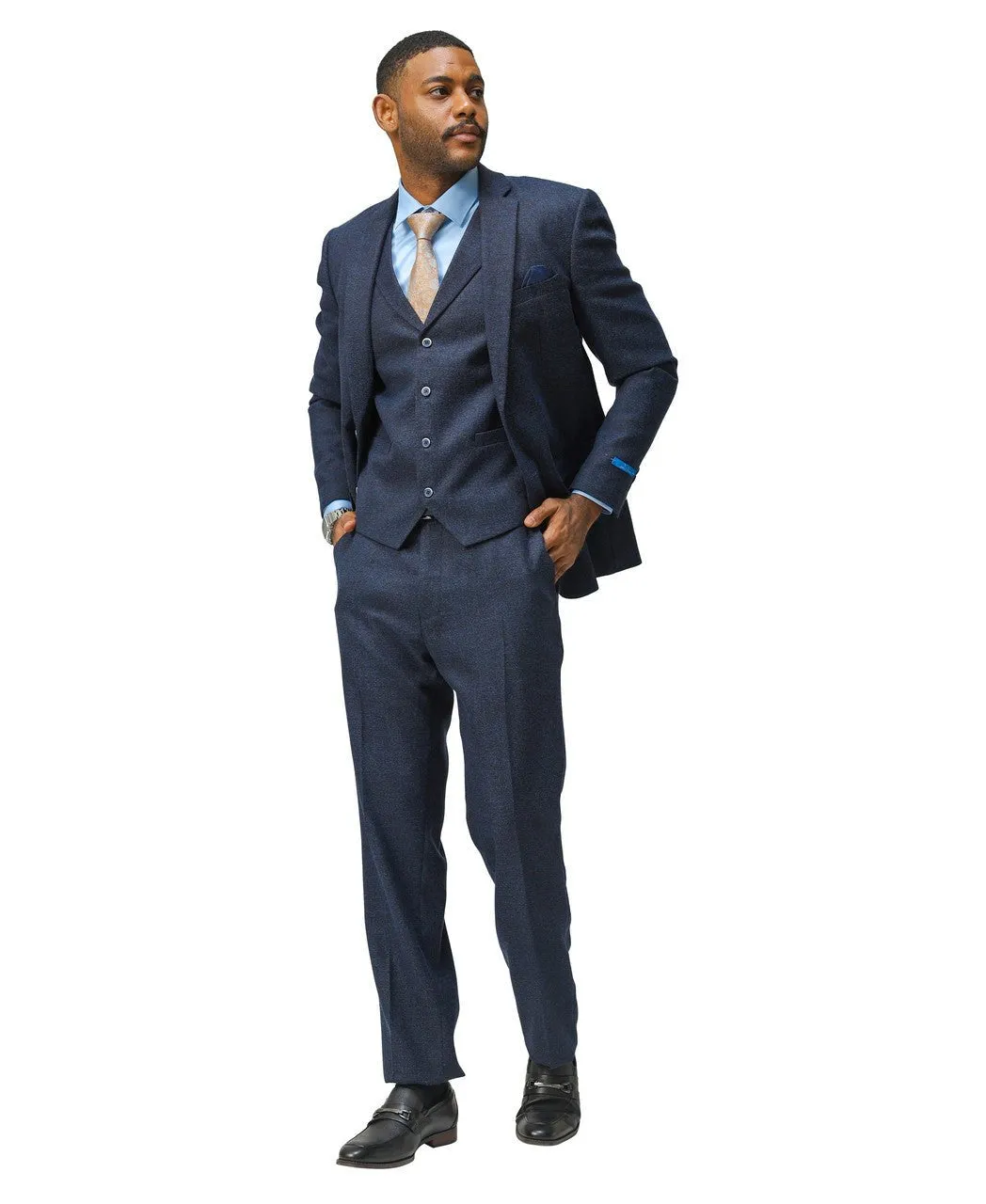 "Hybrid Fit" 3-Piece Tweed Suit with Notch Lapel by Sean Alexander - Navy