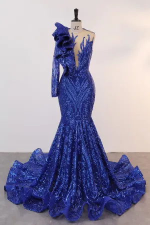 Royal Blue Mermaid One Sleeve Prom Dresses Sequined Lace Jewel Ruffles Evening Party Dress with Appliques