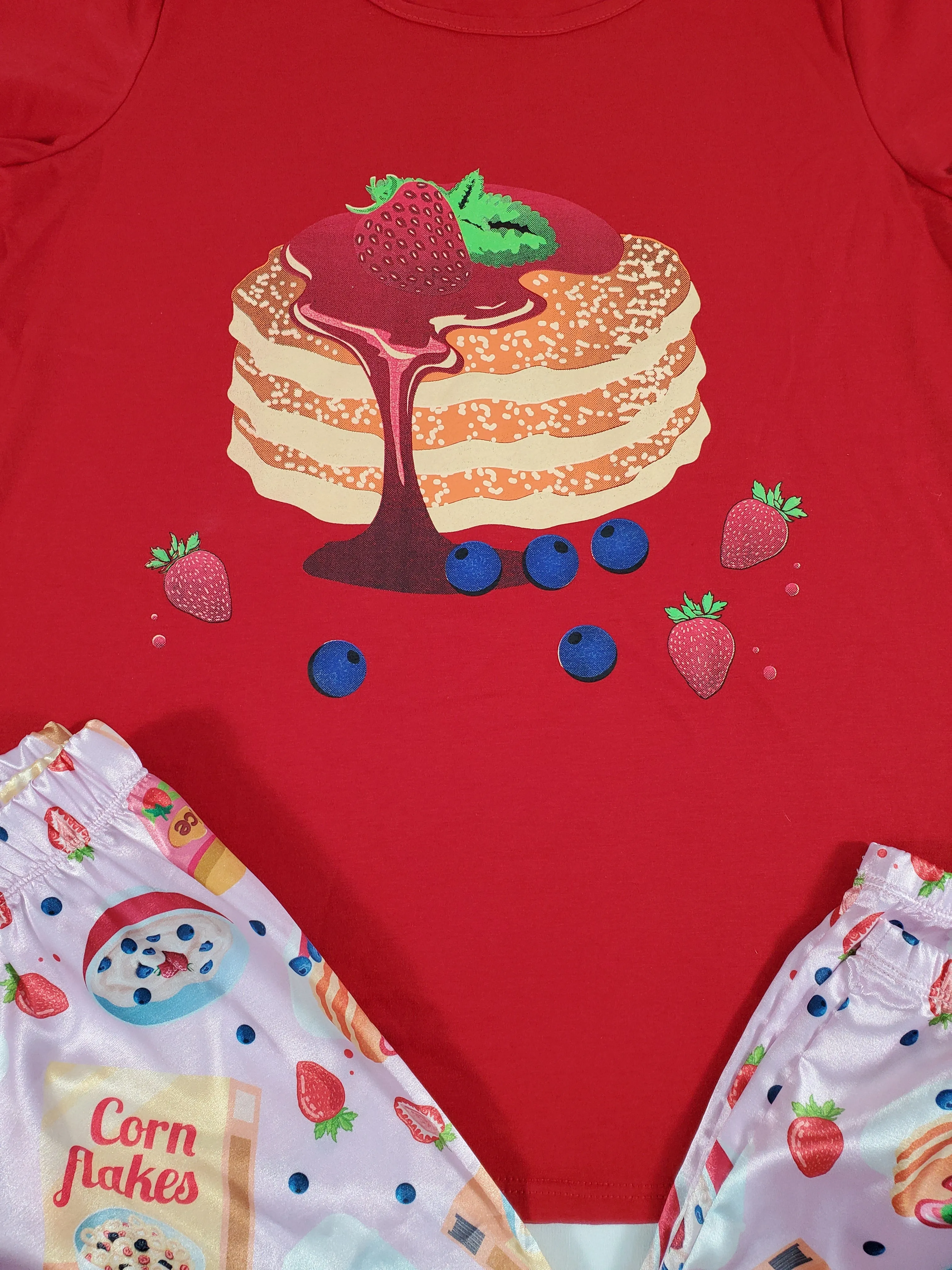 Sexy pink satin Women's pajama pants with breakfast pancake theme and red shirt