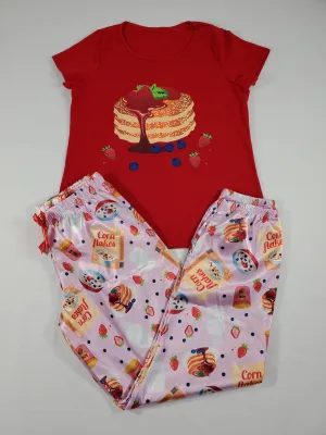 Sexy pink satin Women's pajama pants with breakfast pancake theme and red shirt